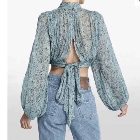 Shona Joy Francesca High Neck Balloon Sleeve Open Back Tie Crop Top Blouse 2 - Picture 2 of 16